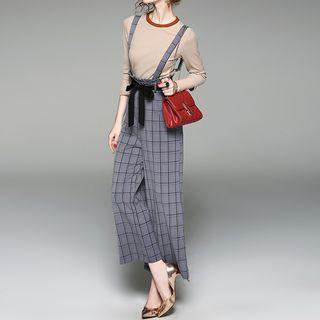 Set: 3/4-sleeve Knit Top + Check Wide Leg Suspender Pants