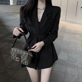 Plain Tie-waist Blazer Black - One Size