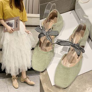 Plaid Bow-accent Faux Leather Block Heel Pumps