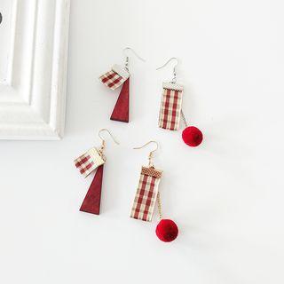 Non-matching Plaid Strap Wooden Dangle Earring