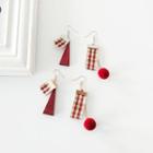 Non-matching Plaid Strap Wooden Dangle Earring
