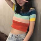 Color-block Stripe Short-sleeve Cropped Knit Top