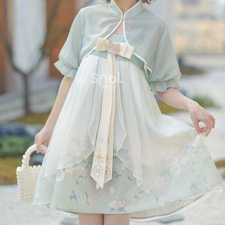 Spaghetti Strap Floral Smock Dress / Short-sleeve Crop Top