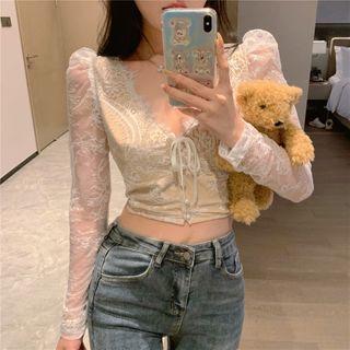 Long Sleeve V-neck Lace Cropped Top