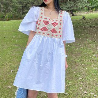 Square-neck Embroidered Panel Mini A-line Dress White - One Size