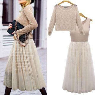Set: Long-sleeve Knit Top + Sleeveless Mesh Panel Skirt