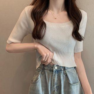 Round Neck Plain Elbow Sleeve Knitted Top