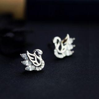 925 Sterling Silver Rhinestone Swan Earring 1 Pair - Silver - One Size