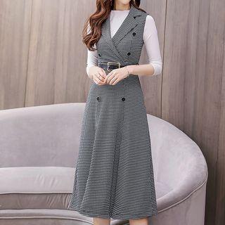 Set: Long-sleeve Plain Top + Midi Plaid Pinafore Dress + Belt