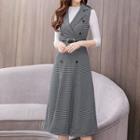 Set: Long-sleeve Plain Top + Midi Plaid Pinafore Dress + Belt