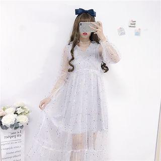 Long-sleeve Star Print Midi A-line Mesh Skirt Dress - One Size