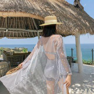 Set: Ruffle Trim Swimsuit + Mesh Cover-up