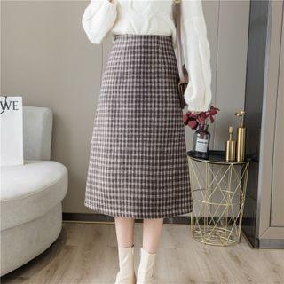 High Waist Plaid Slit Midi A-line Skirt