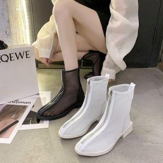 Block Heel Zip Up Mesh Short Boots