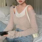 Mock Two-piece Long-sleeve Off-shoulder Knit Top Almond - One Size