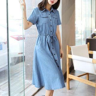 Drawstring Short-sleeve Denim Dress