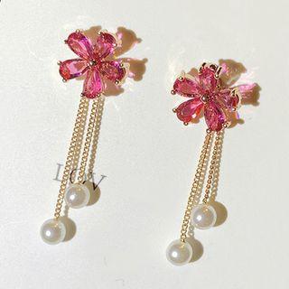 Rhinestone Flower Faux Pearl Fringed Earring
