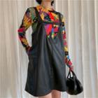 Long-sleeve Graphic Print Top / Faux Leather Mini A-line Overall Dress