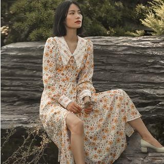 Pointy Collar Floral Midi Dress