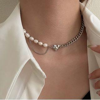 Heart Pendant Freshwater Pearl Choker Silver - One Size
