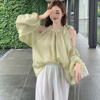 Long-sleeve Cold-shoulder Blouse / Wide Leg Pants