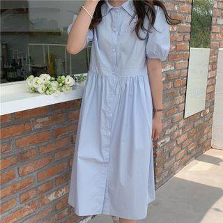 Puff-sleeve Plain Midi A-line Shirtdress