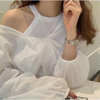Set: Plain Halter Top + One Shoulder Puff-sleeve Blouse Set - White - One Size