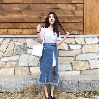Set : Plain Short-sleeve T-shirt Dress + Fray Slit Denim Shorts