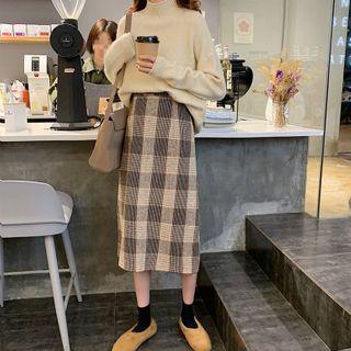 Plaid Midi Skirt / Plain Sweater