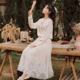 Collared Sweater / Lace Trim Maxi A-line Skirt / Set