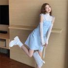 Off Shoulder Mesh Long-sleeve Top / Pleated Sleeveless Dress