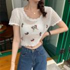 Short-sleeve Butterfly Embroidery Knit Top White - One Size