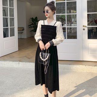 Long Sleeve V-neck Velvet Mock Two Piece Dress