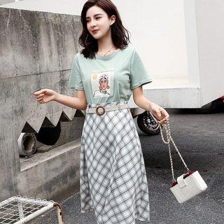 Set: Short-sleeve Print T-shirt + Plaid A-line Skirt