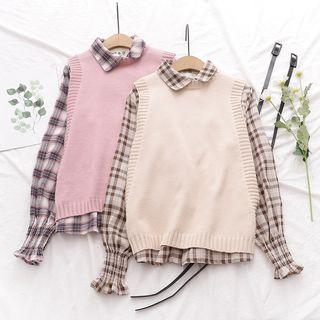 Set: Plaid Button-down Shirt + Sleeveless Knit Top