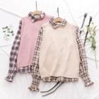 Set: Plaid Button-down Shirt + Sleeveless Knit Top
