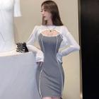 Set: Long-sleeve Crop Top + Spaghetti Strap Contrast Trim Mini Sheath Dress