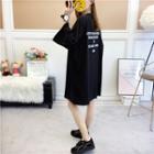 Lettering 3/4-sleeve Ripped Loose-fit T-shirt