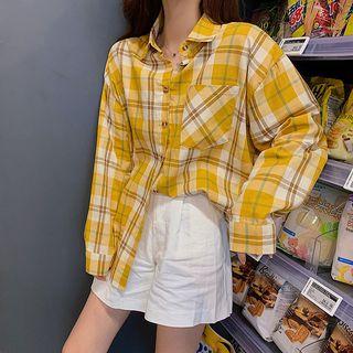 Long-sleeve Check Loose-fit Shirt Yellow - One Size