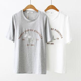 Lettering Flower Embroidered Short-sleeve T-shirt