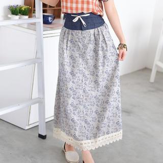 Drawstring Floral Print Maxi Skirt Gray - One Size