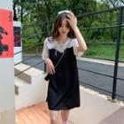 Short-sleeve Mock Two-piece A-line Dress Black - One Size