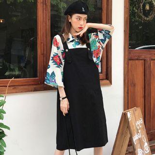 Set: Floral Elbow-sleeve Top + Jumper Dress