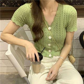 V-neck Short-sleeve Pointelle Cardigan