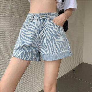 Zebra Print High-waist Denim Shorts
