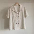 Short-sleeve Double Breasted Panel Striped Blouse White - One Size