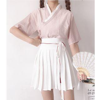 Set: Short-sleeve Wrap Top + Pleated Skirt