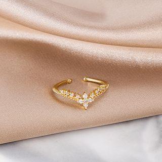 Flower Rhinestone V Shape Open Ring J566 - Gold - One Size
