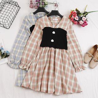 Plaid Panel V-neck Midi Dress