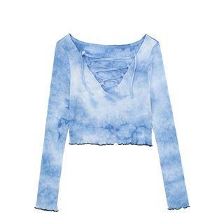 Lace-up Tie-dyed Long-sleeve Top